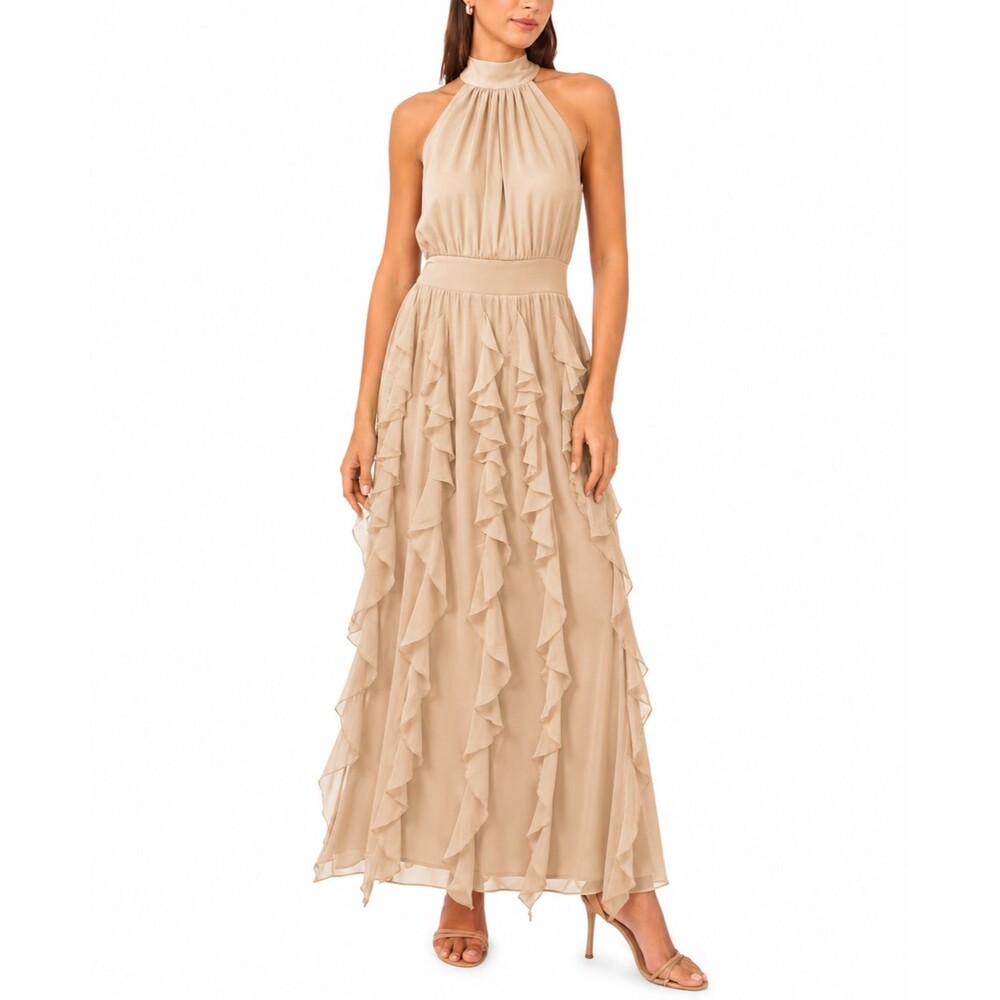 1.STATE Women's Smocked Cascade-Ruffle Halter Maxi Dress Champagne  S